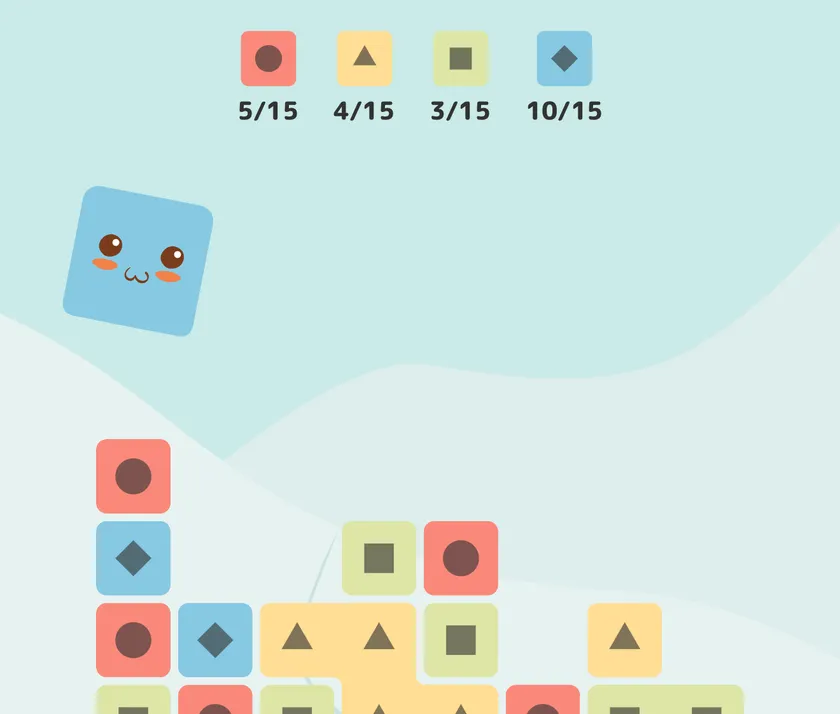Color-vision support: each block carries a shape — circle, triangle, square, diamond, cross — on the board and in the goals row
