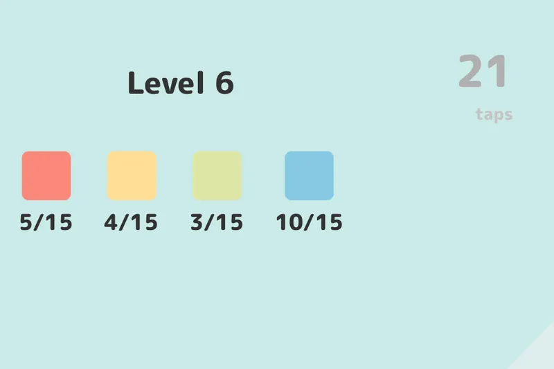 The goals row above the board: four color swatches with current and target counts, and the taps counter