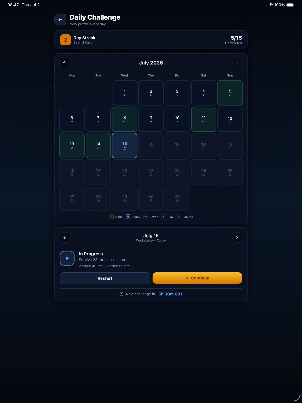 Hue Lanes daily challenge calendar on iPad showing completed days and a streak