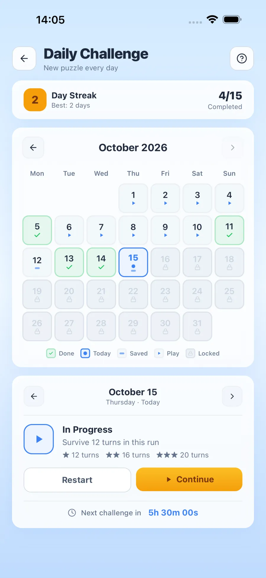 Hue Lanes daily challenge calendar showing completed days and a streak