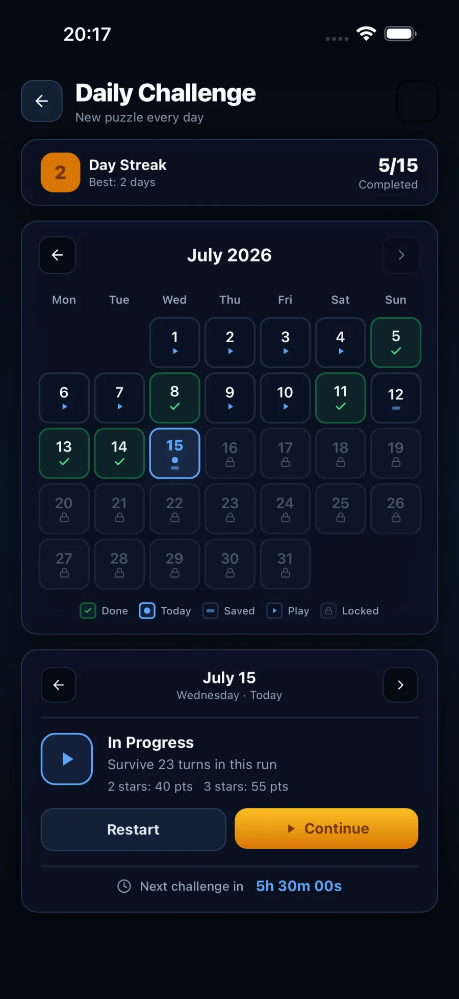 Hue Lanes daily challenge calendar showing completed days and a streak