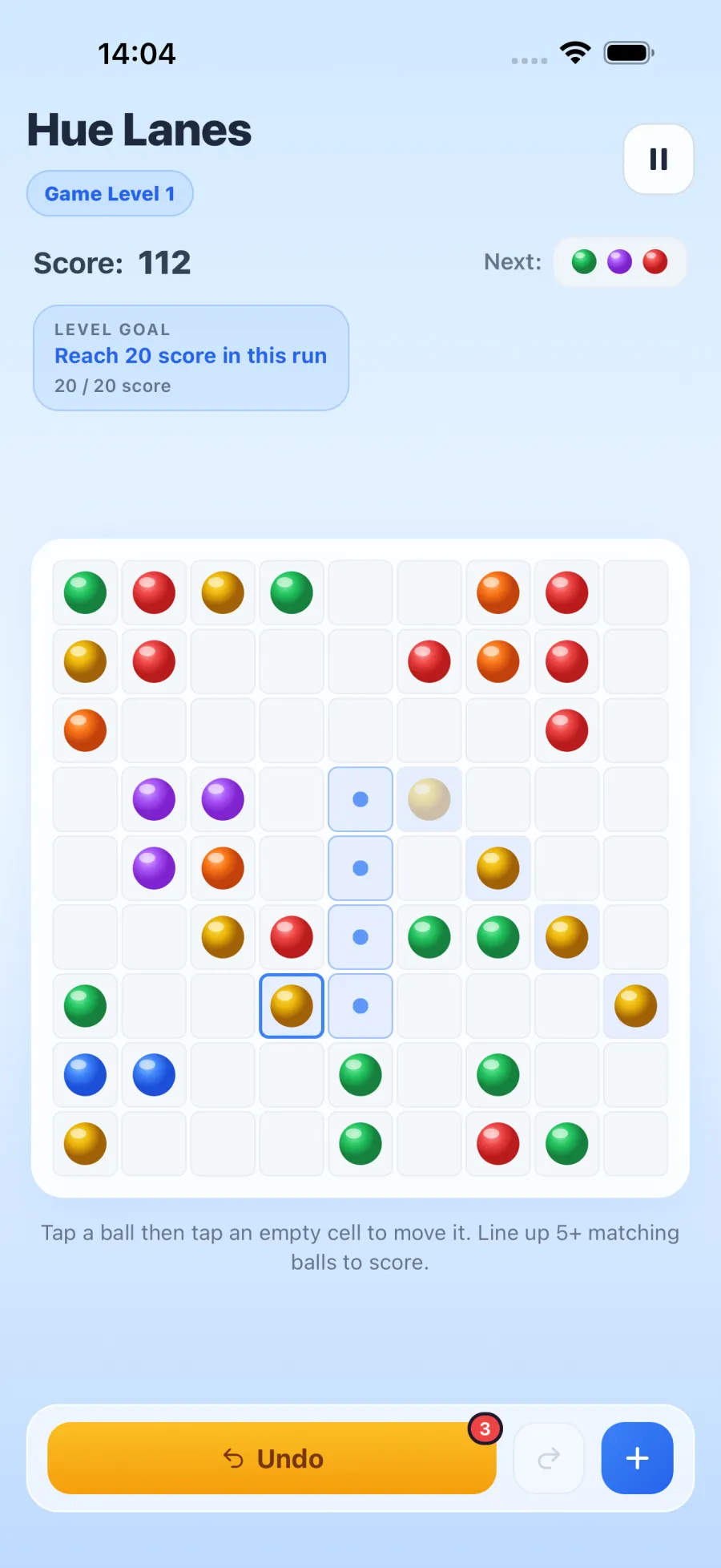 A dotted path preview on the board before a move is committed