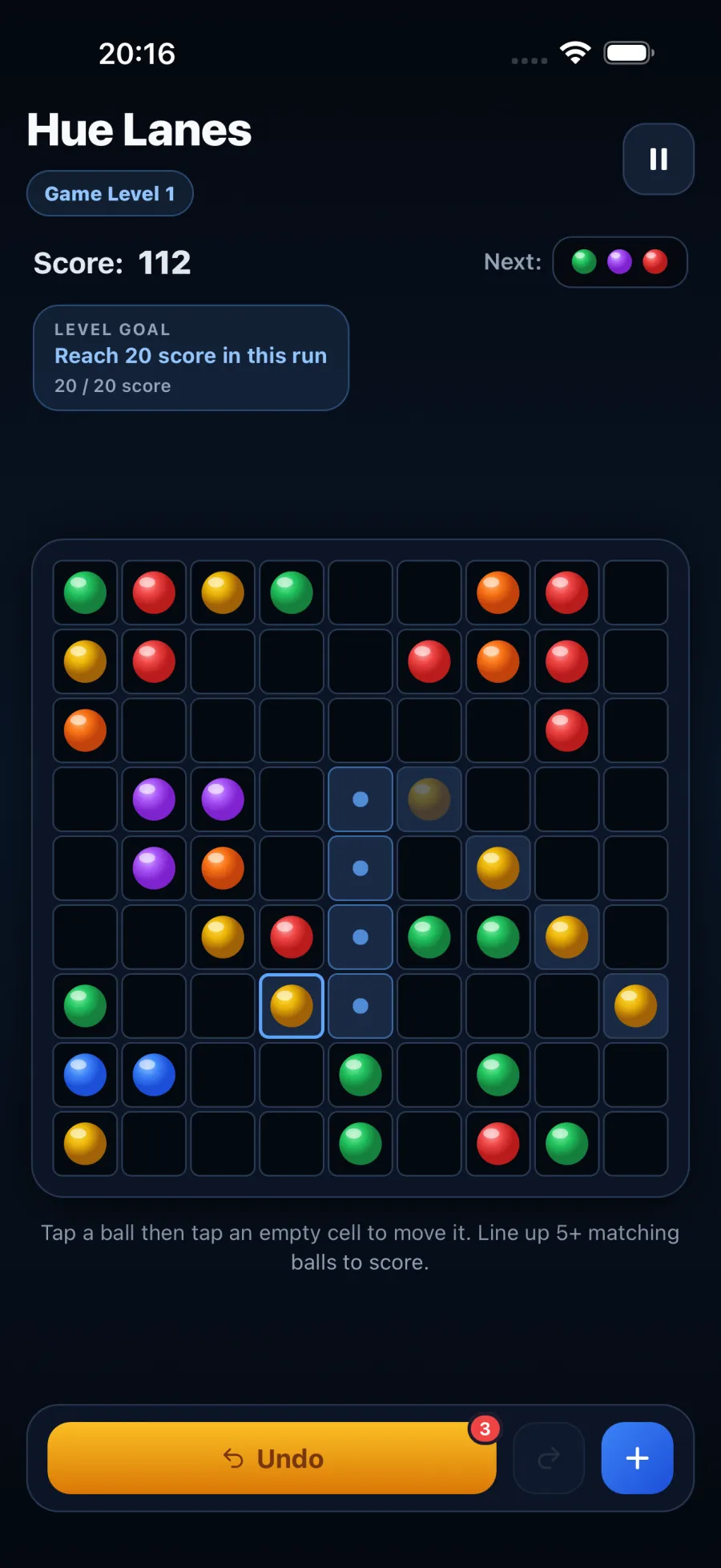 A dotted path preview on the board before a move is committed