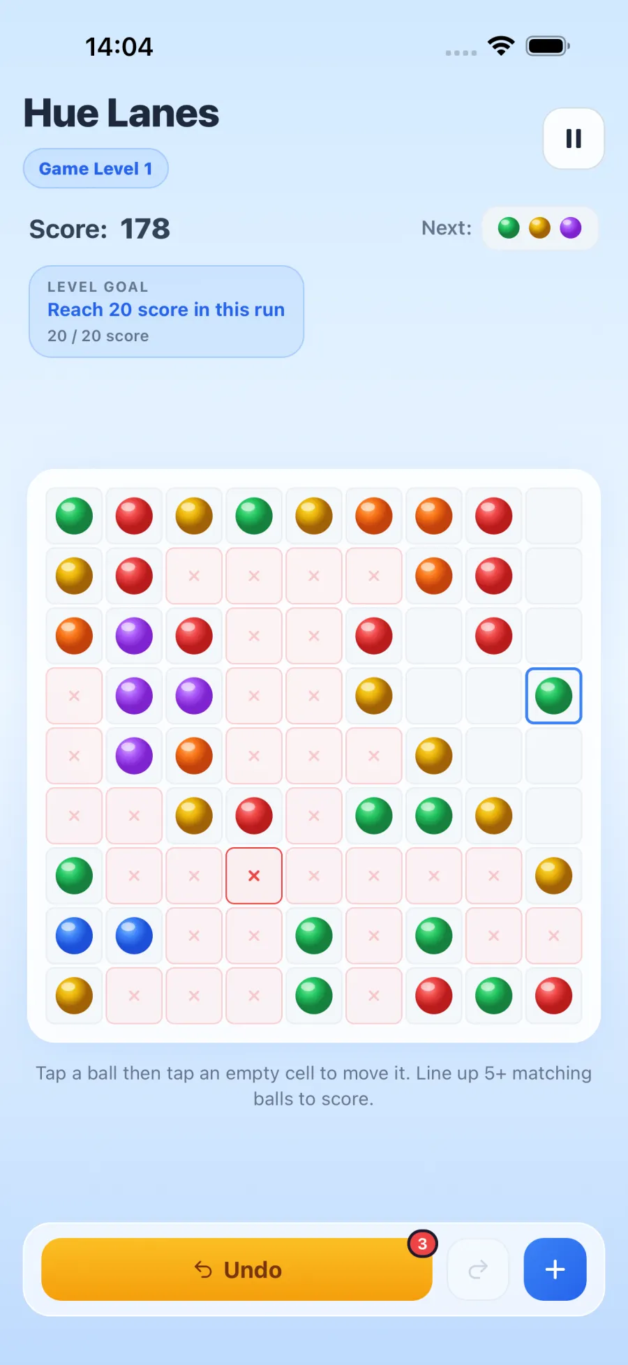 Unreachable cells marked with an X while a green piece is selected