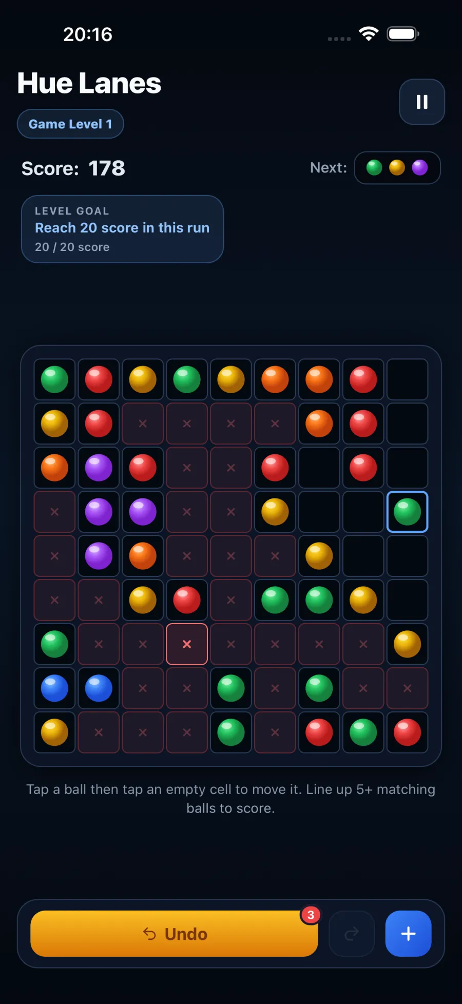 Unreachable cells marked with an X while a green piece is selected